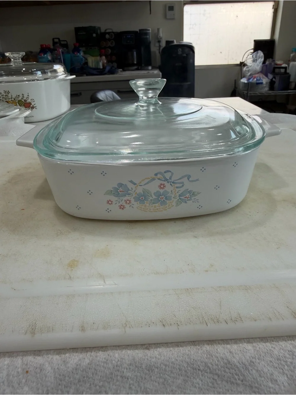 Corningware White Casserole with Blue and Pink Floral Basket Motif, matching lid